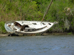 Derelict vessel on the river, probably a victim of a hurricane.